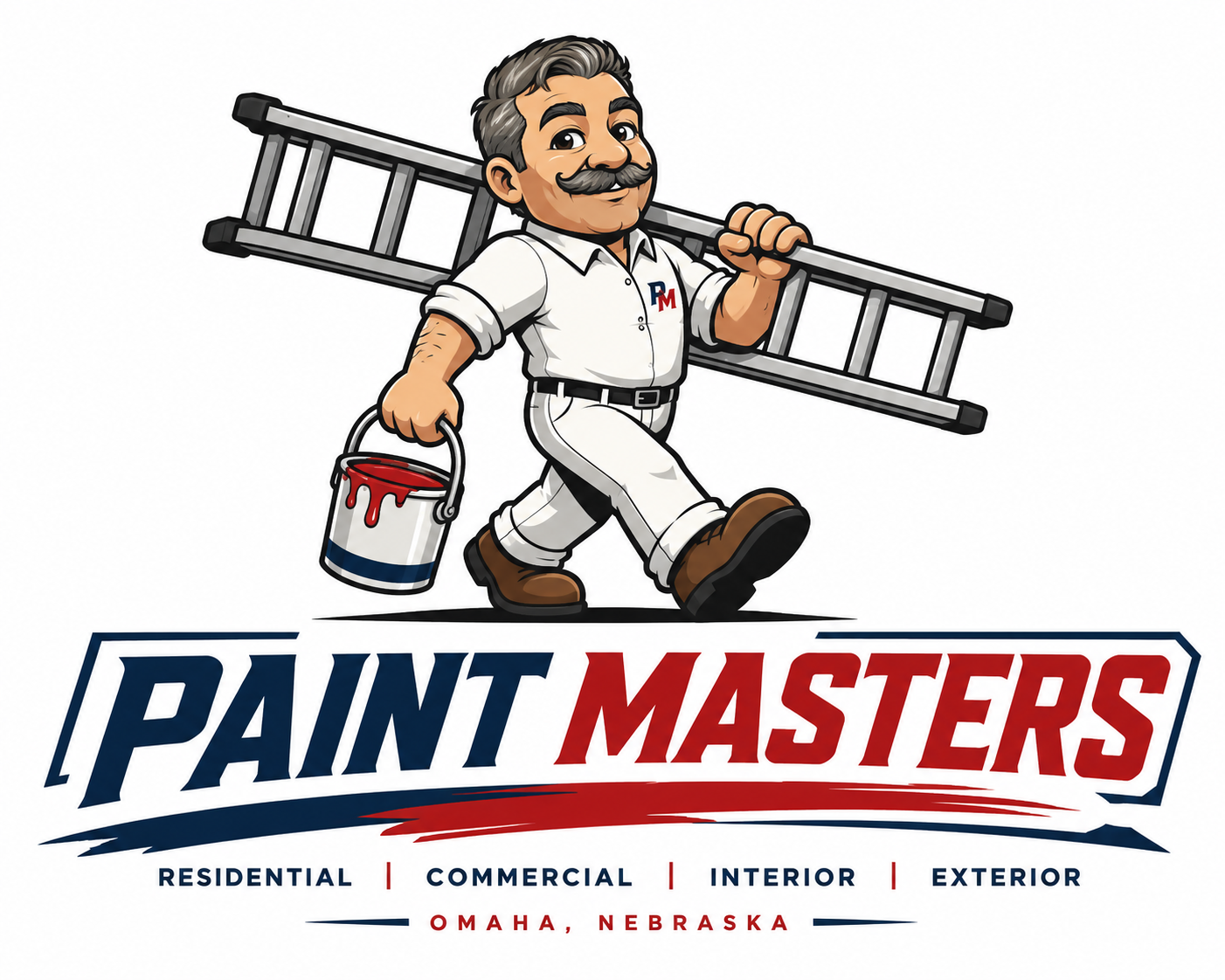 Paint Masters logo, painter carrying a ladder and paint bucket